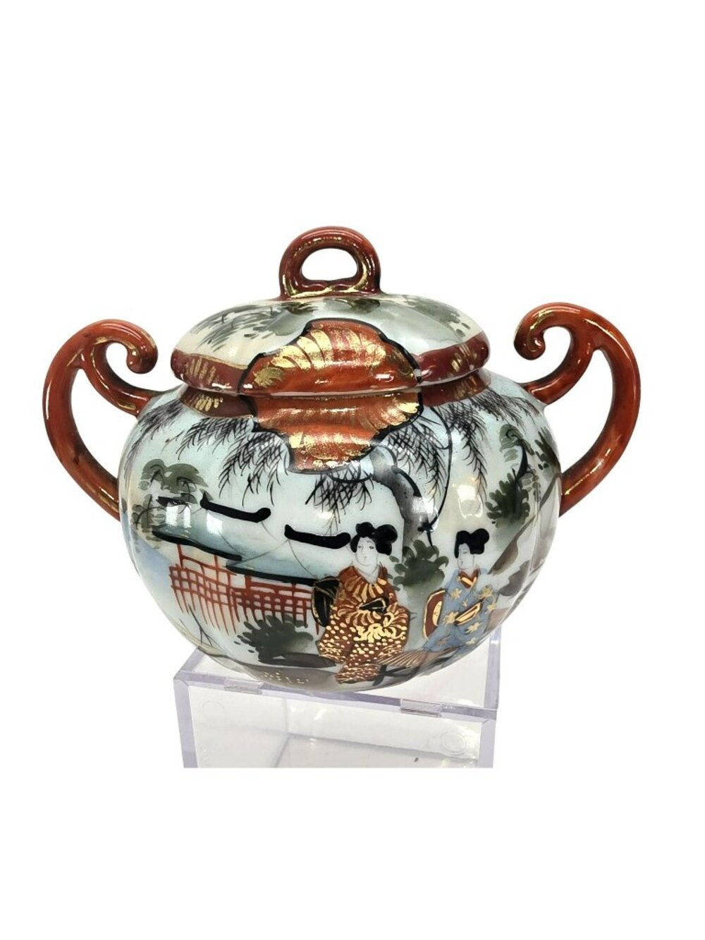 Vintage Japanese Sugar Bowl Hand-Painted Porcelain Lidded With Handles JE322